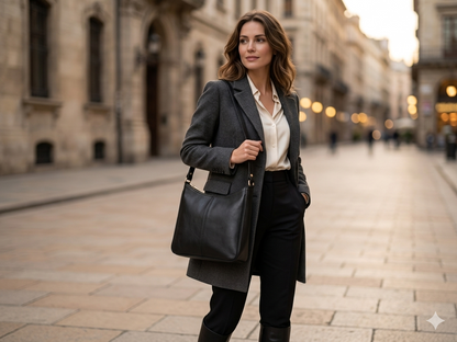A woman stands on a city street wearing a dark gray tailored coat over a white blouse and black trousers, carrying a large dark gray leather shoulder bag.