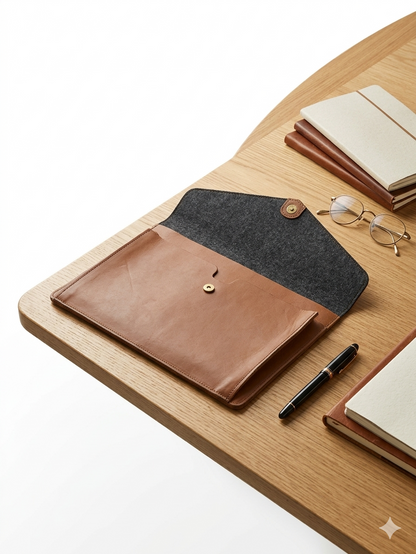 A tan leather and dark gray felt document pouch laid open on a light wood desk, styled with notebooks, a pen, and glasses.