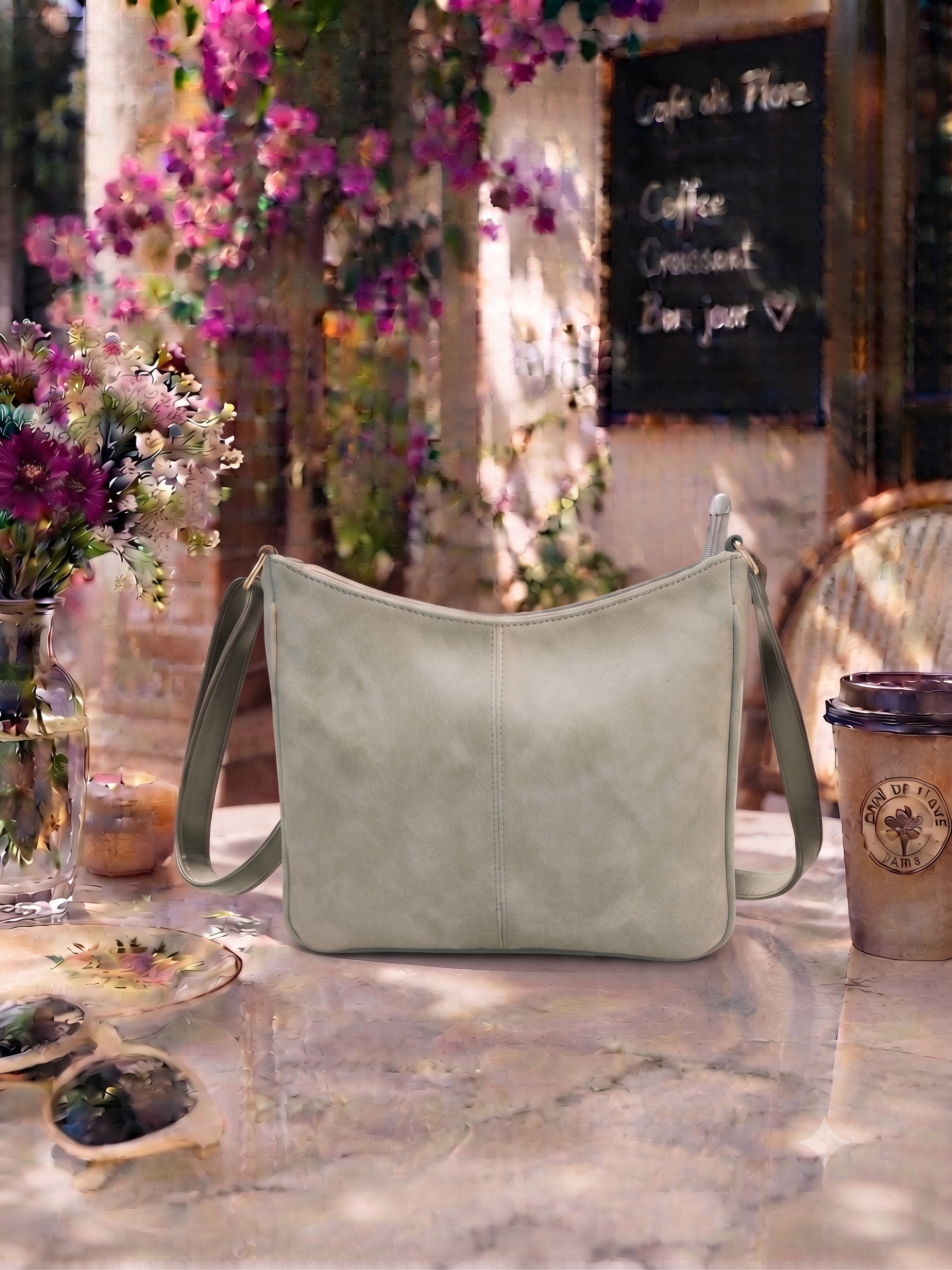 A light sage green faux-leather shoulder bag sits on a stone table in a cafe setting, surrounded by flowers, sunglasses, a coffee cup, and a chalkboard menu.