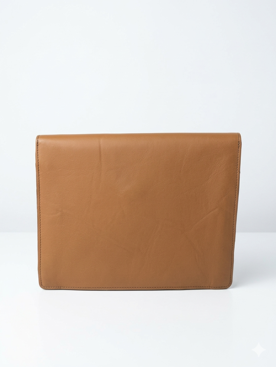 A tan leather clutch or envelope-style handbag shown flat against a plain white studio background.