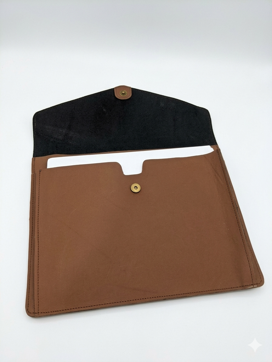A brown leather sleeve or pouch with a black suede-like interior flap and a gold snap button, shown open on a white background.