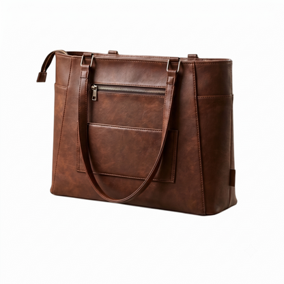 Structured Leather Work Tote Bag with Gold Hardware and Laptop Compartment – Coffee Brown