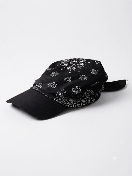 Black Paisley Print Bandana Cap with adjustable tie strap | Leather Villa