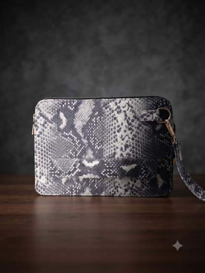 A rectangular clutch bag with a gray and white snakeskin pattern, featuring a front strap closure and a wristlet strap with gold-tone hardware, resting on a dark wooden surface against a dark gray textured background.