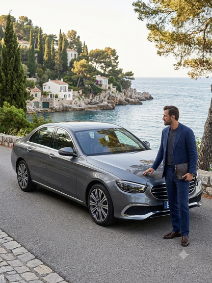 A gray Mercedes-Benz sedan parked outdoors beside a coastal road with sea, trees, and white buildings in the background. A man in a navy blue suit stands next to the car, touching the hood, while another person is partially visible inside the vehicle.
