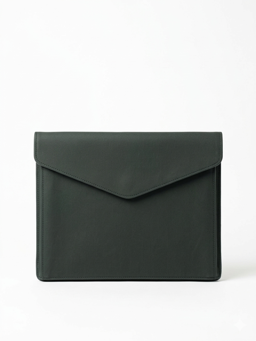 A dark forest green envelope-style clutch or tablet sleeve made of smooth leather, shown against a plain white background.