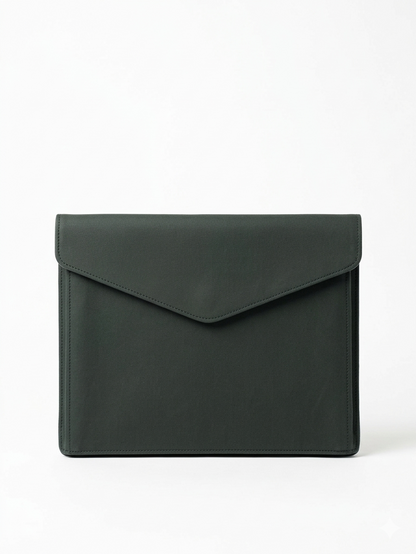 A dark forest green envelope-style clutch or tablet sleeve made of smooth leather, shown against a plain white background.