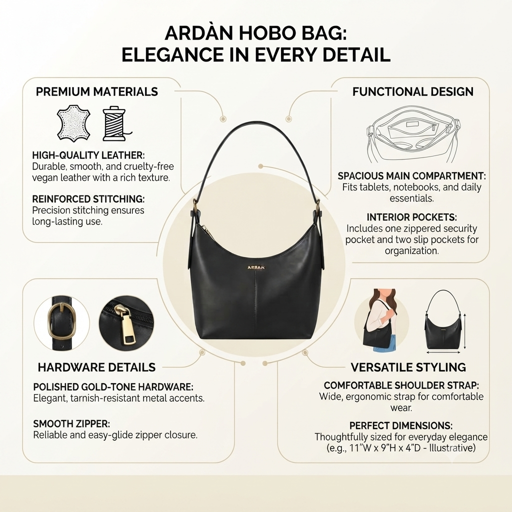 An infographic detailing the features of an Ardân Hobo Bag, showing a black leather handbag in the center with surrounding callouts highlighting premium materials, functional design, hardware details, and versatile styling on a light beige background.
