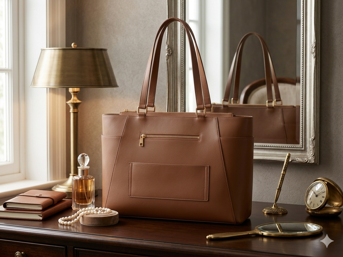 Structured Leather Work Tote Bag with Gold Hardware and Laptop Compartment – Brown