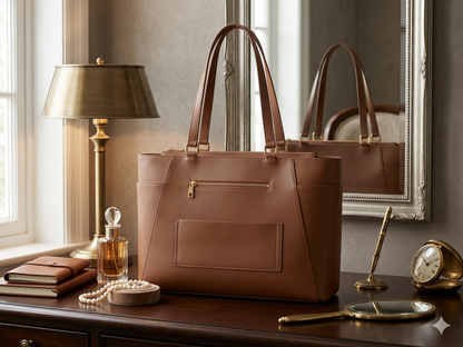 Structured Leather Work Tote Bag with Gold Hardware and Laptop Compartment – Brown