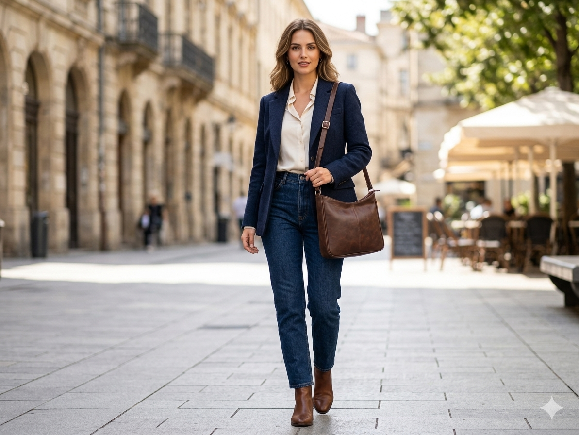 A woman walking down a sunny, blurred city street wearing a navy blazer, white shirt, blue jeans, and brown ankle boots, while carrying a brown leather shoulder bag.