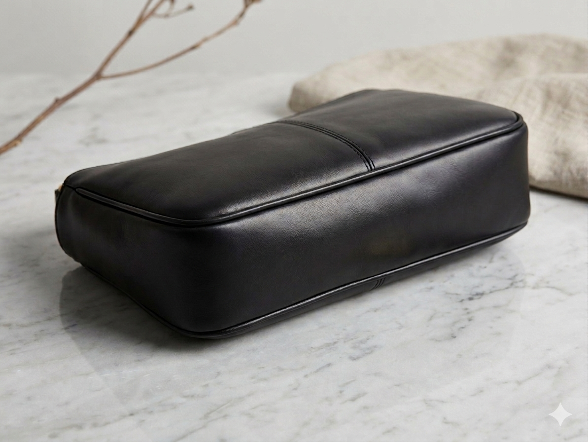 A black leather rectangular box or case with rounded corners, photographed on a light marble surface with a soft beige fabric prop in the background.