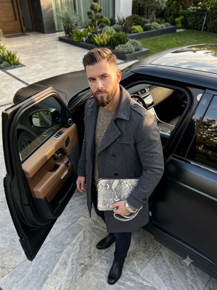 A man wearing a dark gray double-breasted coat over a beige sweater, standing next to an open black car door and holding a silver snakeskin-patterned clutch bag.