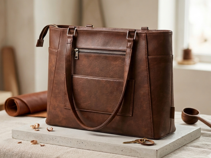 Structured Leather Work Tote Bag with Gold Hardware and Laptop Compartment – Coffee Brown