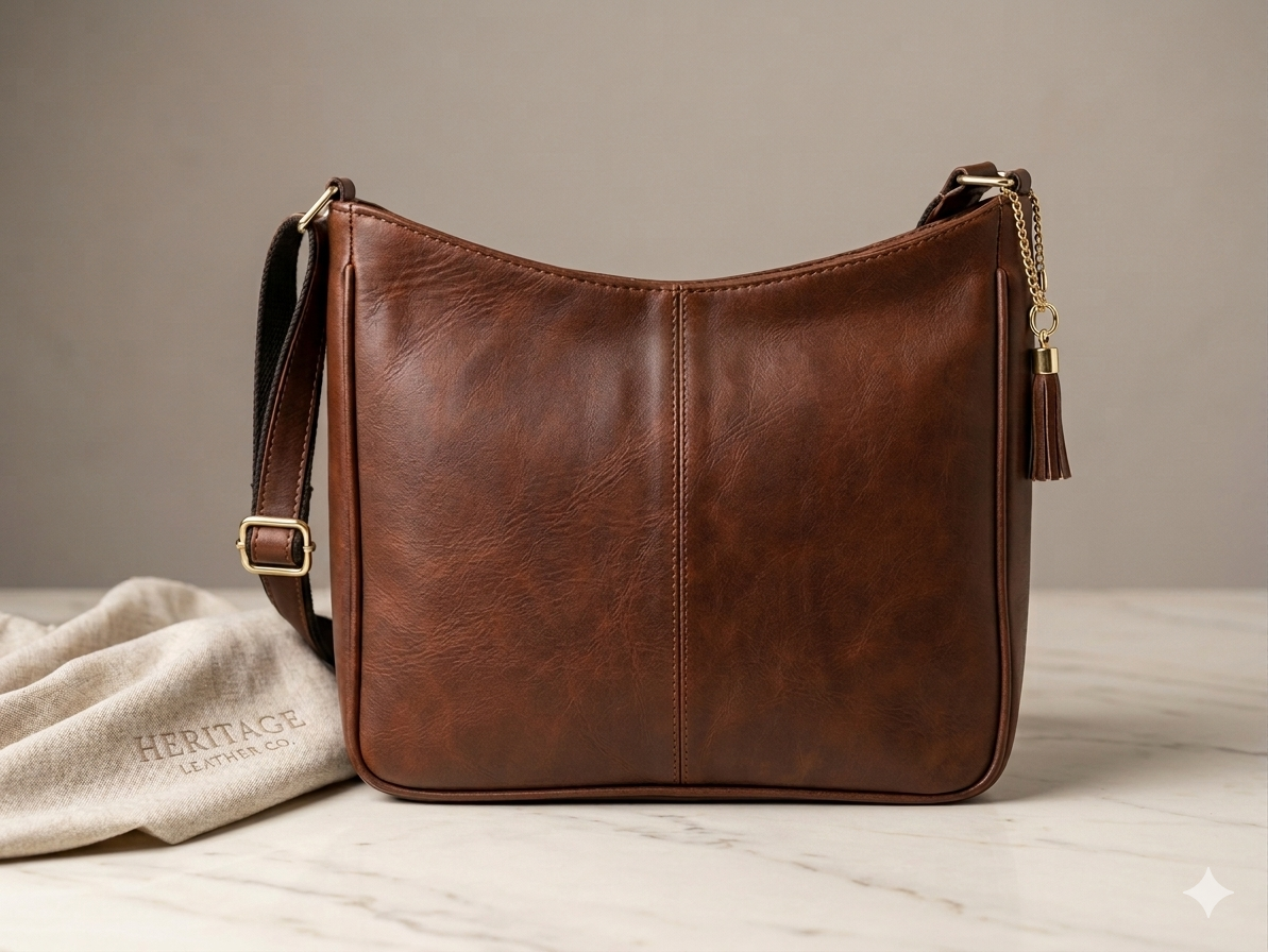 A brown leather shoulder bag with a slouchy crescent shape, a top zipper, and a tassel zipper pull, displayed on a marble surface next to a beige Heritage Leather Co. dust bag.