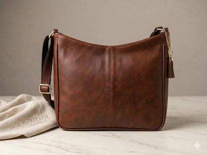 A brown leather shoulder bag with a slouchy crescent shape, a top zipper, and a tassel zipper pull, displayed on a marble surface next to a beige Heritage Leather Co. dust bag.