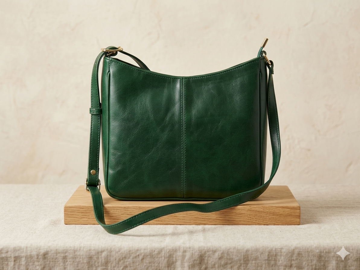 A dark green leather shoulder bag with a slouchy shape, displayed on a wooden block over a textured beige fabric surface.
