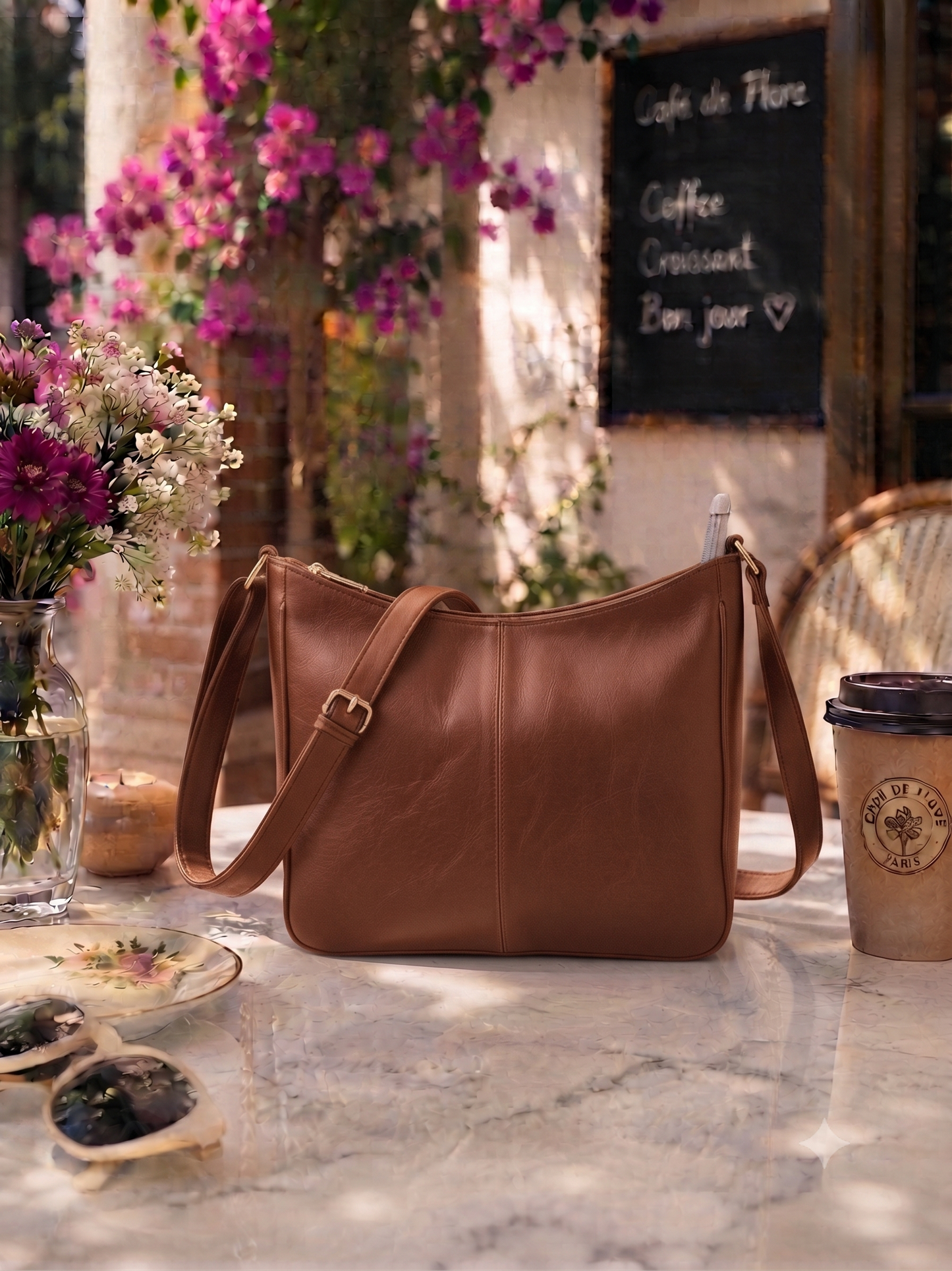 A brown leather shoulder bag sits on a marble table at an outdoor cafe, surrounded by flowers, sunglasses, a coffee cup, and a chalkboard menu.