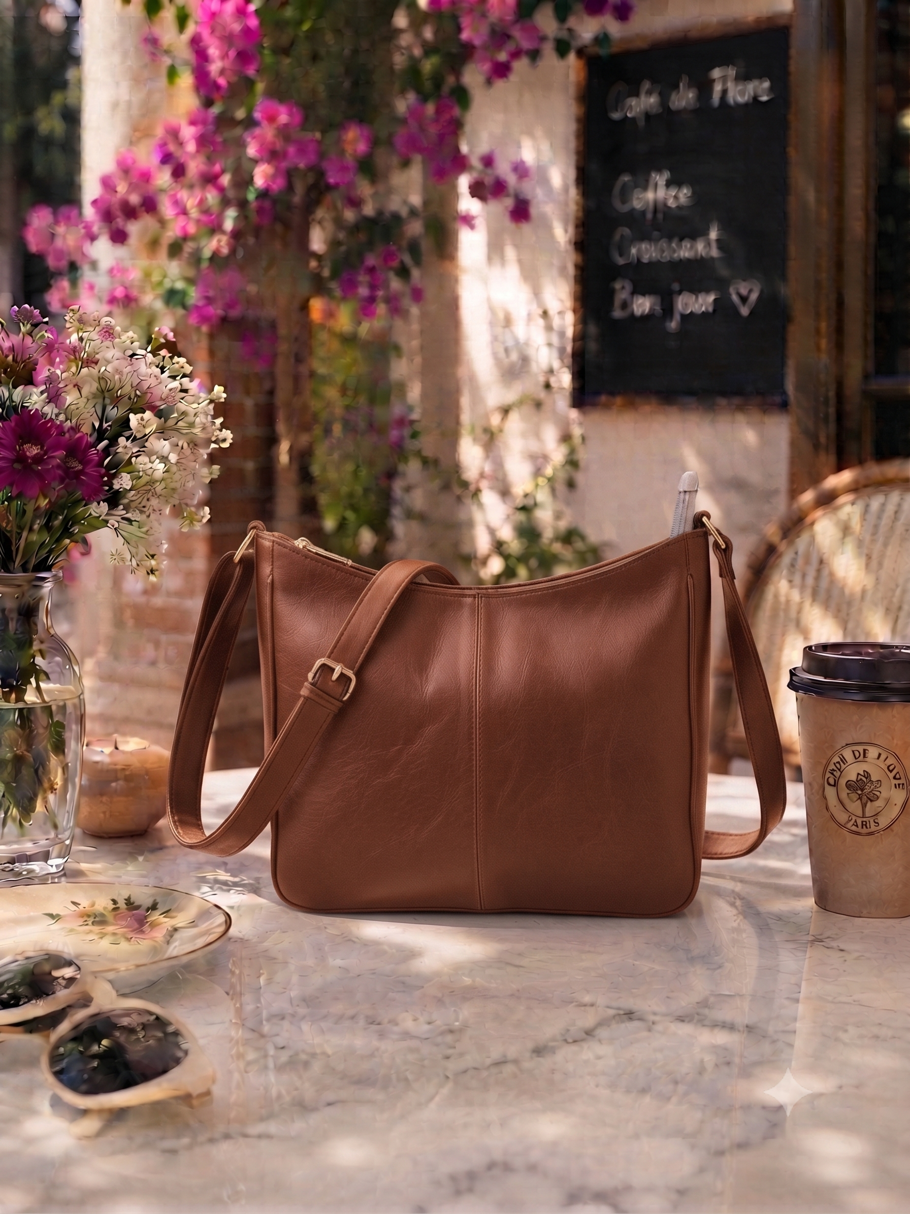 A brown leather shoulder bag sits on a marble table at an outdoor cafe, surrounded by flowers, sunglasses, a coffee cup, and a chalkboard menu.