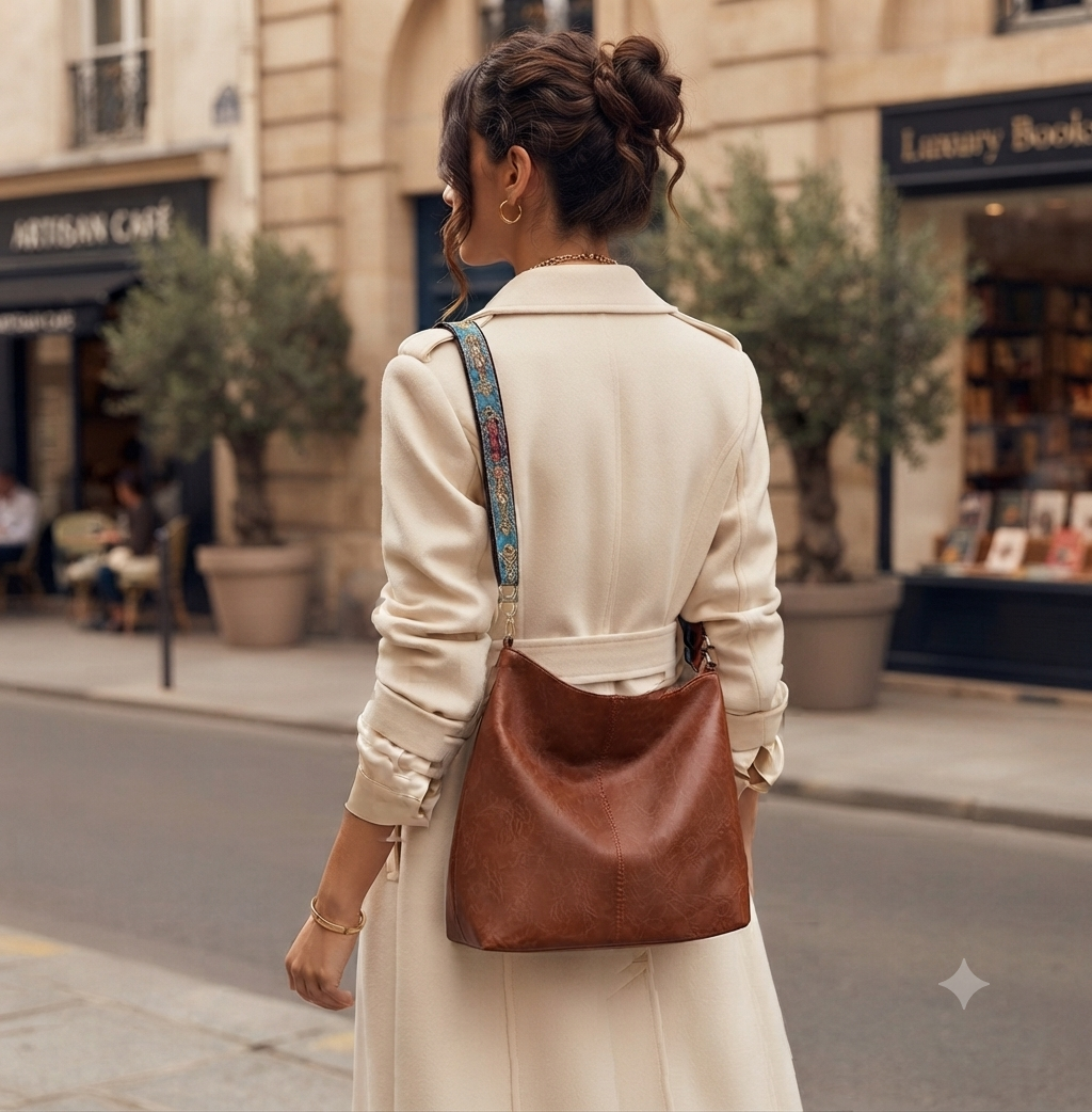 A woman viewed from behind wearing a cream trench coat and carrying a brown leather shoulder bag with a patterned strap, standing on a city street.