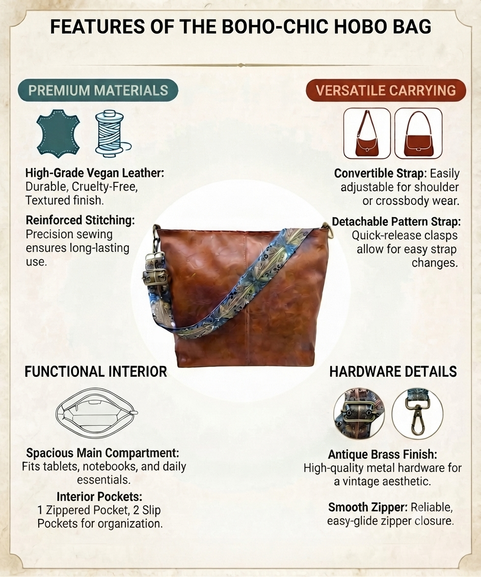 Features of the Boho-Chic Hobo Bag" with a central image of a brown vegan leather hobo bag with an intricate patterned strap