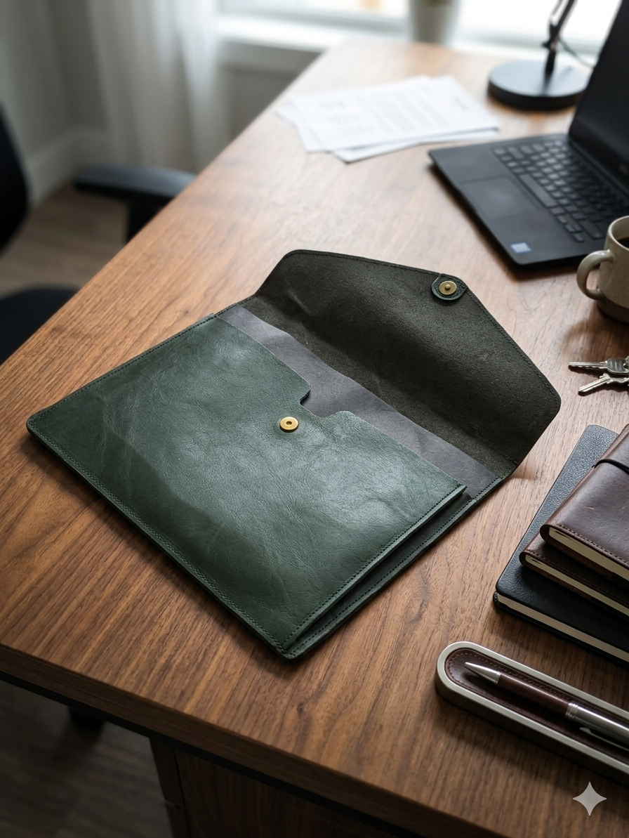 A dark green leather document pouch or sleeve with a snap-button closure, laid open on a wooden desk next to a laptop, notebook, and coffee cup.