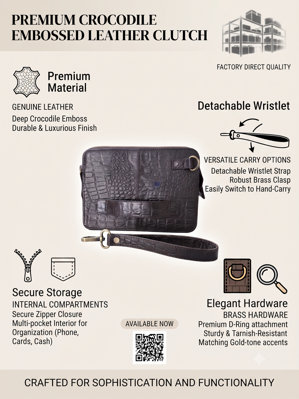 A promotional product graphic for a premium crocodile-embossed leather clutch bag. The bag is centered on a light beige background with multiple callout text blocks and icons describing features such as detachable wristlet strap, secure zipper closure, internal compartments, and brass hardware.