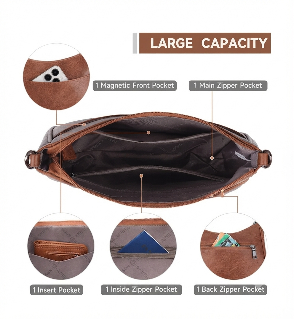 A brown leather crossbody bag shown open on a white background with callout labels pointing to interior compartments, including a large capacity main zipper pocket, magnetic front pocket, insert pocket, inside zipper pocket, and back zipper pocket.