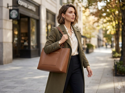 Structured Leather Work Tote Bag with Gold Hardware and Laptop Compartment – Brown