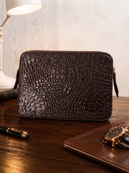 A dark brown crocodile-embossed leather pouch bag with gold-tone zippers, displayed on a dark wooden desk alongside a pen, notebook, and watch.
