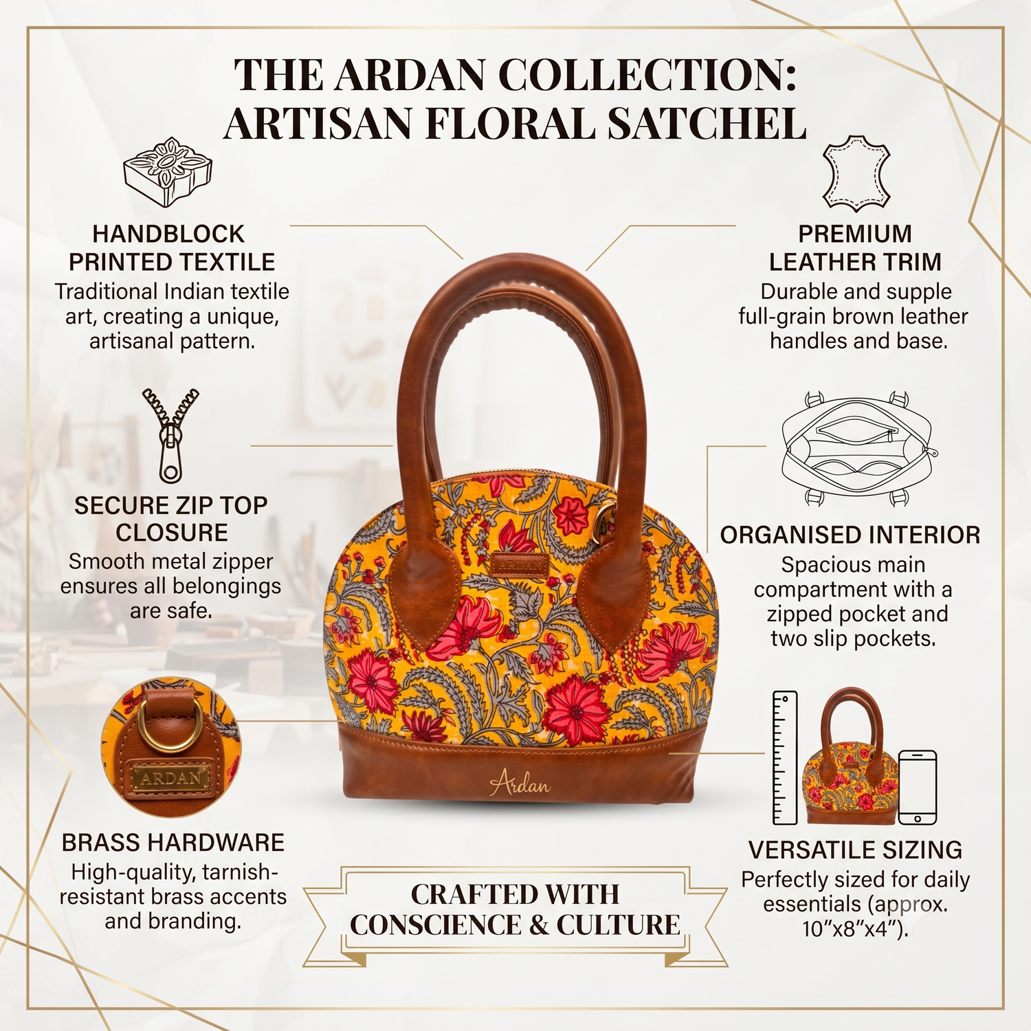A floral printed leather satchel bag from The Ardan Collection, surrounded by callout graphics and text detailing its features like handblock printed textile, premium leather trim, brass hardware, and spacious interior.