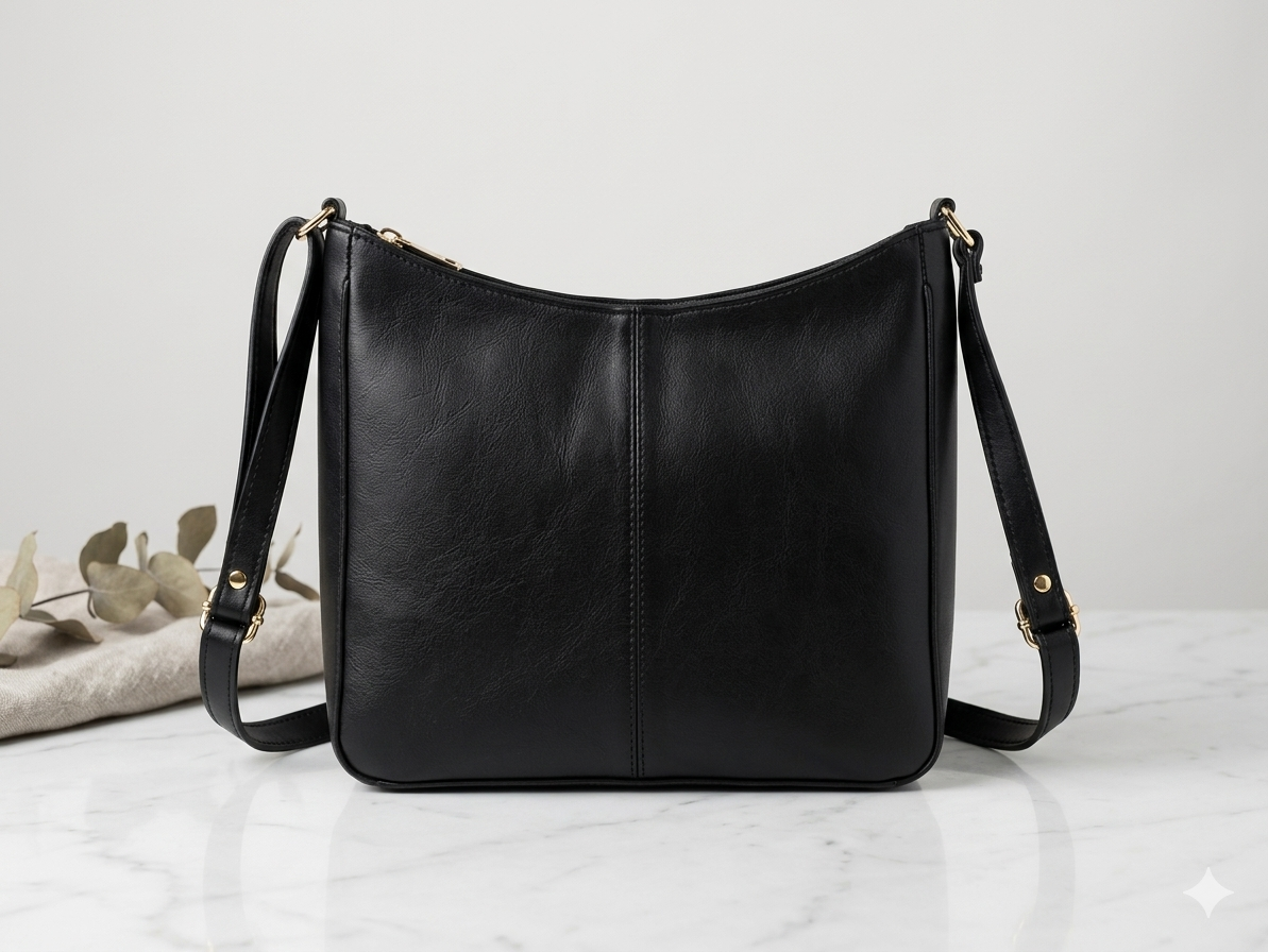 A black faux-leather shoulder bag with a curved top, front seam detail, and gold-tone hardware, displayed on a white marble surface with a neutral background and dried leaves.