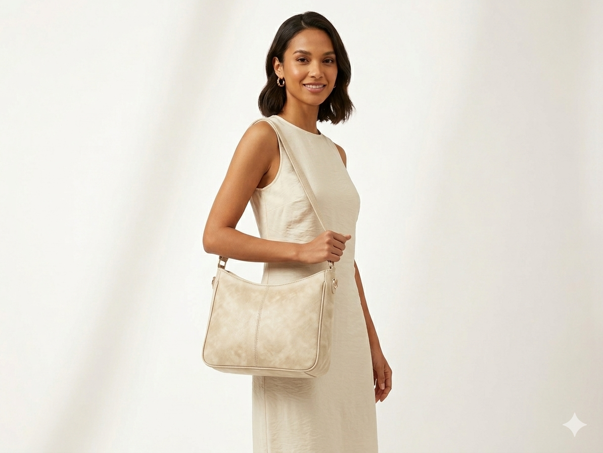 A woman wearing a cream-colored sleeveless dress carries a textured beige shoulder bag against a clean, off-white studio background.