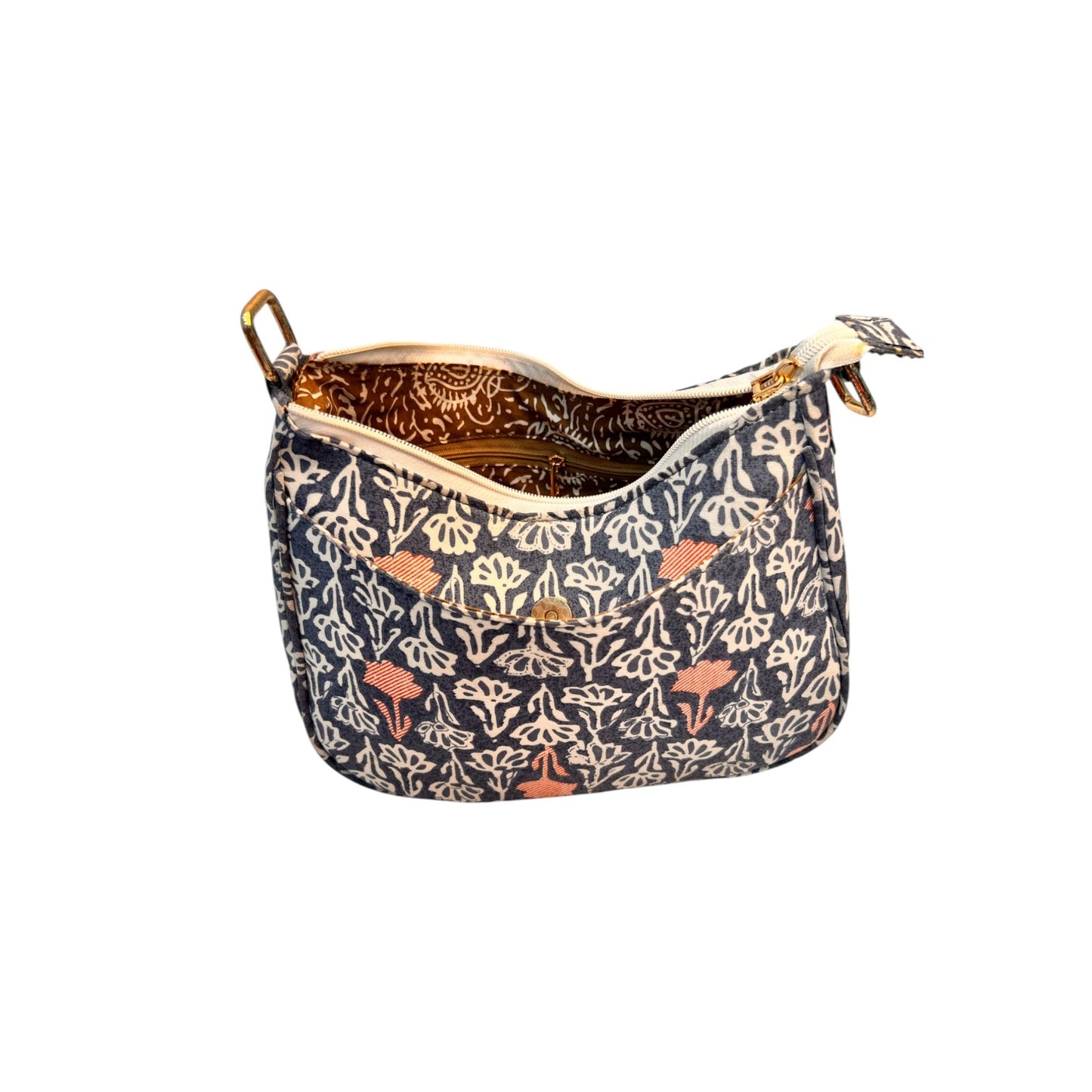 Grey Sling Bag In Floral Printed Cotton with Multiple Compartments & Pockets – Women's HandBag/Sling Bag – additional product photo | Leather Villa