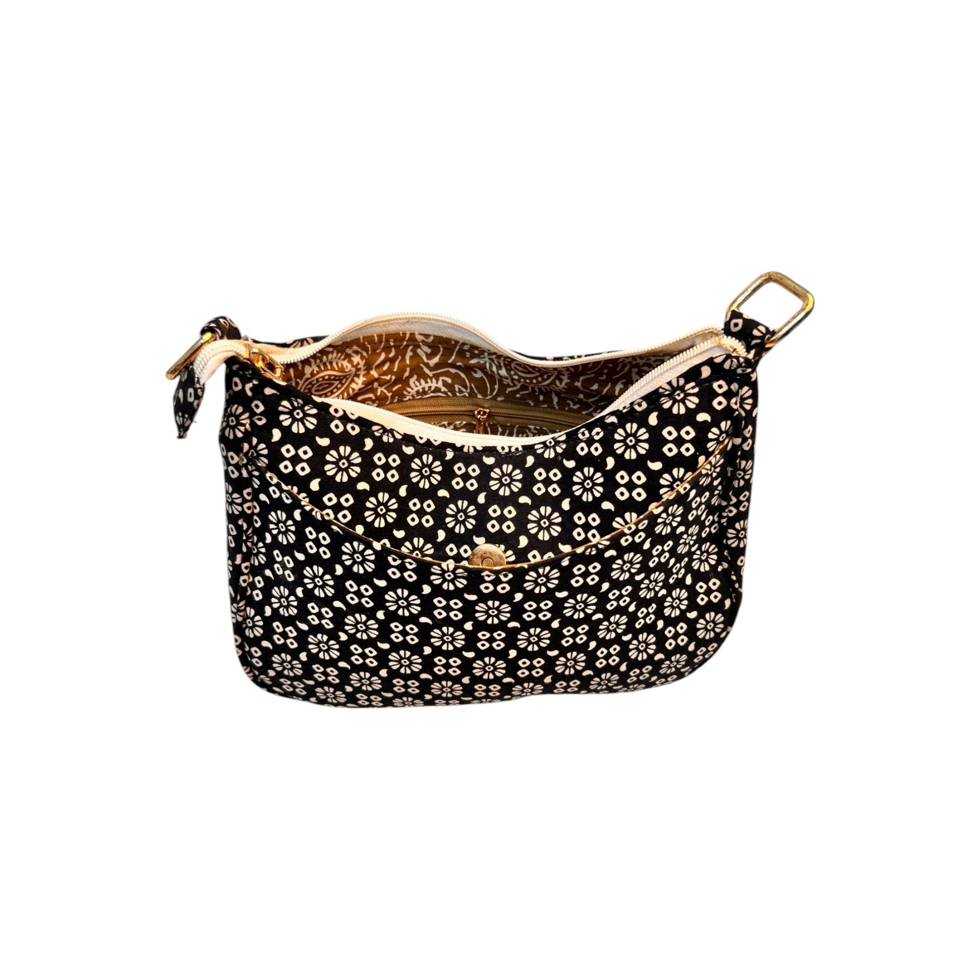 Black Sling Bag In Floral Printed Cotton with Multiple Compartments & Pockets – Women's HandBag/Sling Bag – additional product photo | Leather Villa