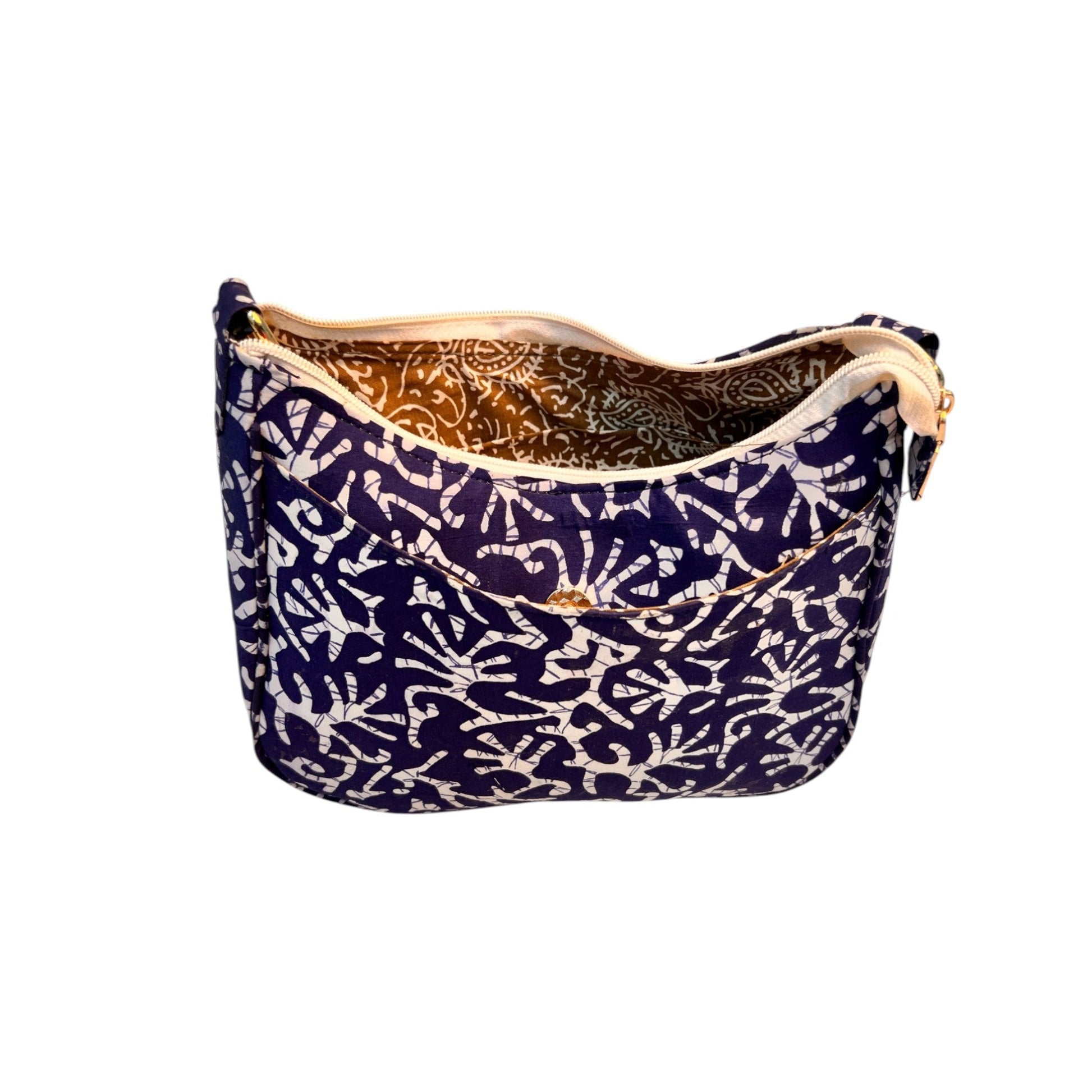 Dark Blue Sling Bag In Floral Printed Cotton with Multiple Compartments & Pockets – Women's HandBag/Sling Bag – additional product photo | Leather Villa