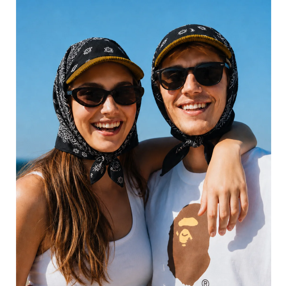 Two smiling people outdoors against a blue sky, each wearing a black bandana-style sun hat with a gold brim and black sunglasses. One person has their arm around the other, and both are wearing white tops.