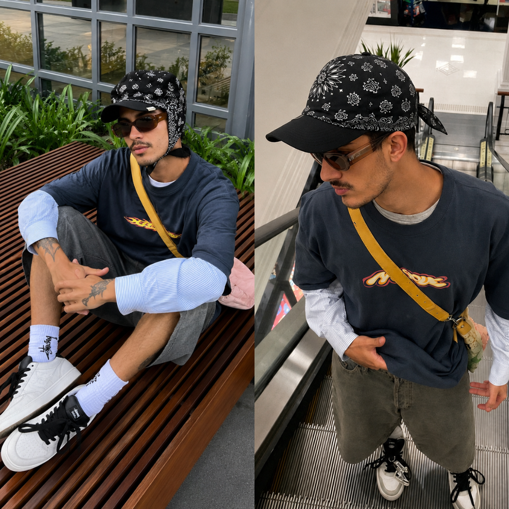 Two images of a person wearing a black cap with white patterns, sunglasses, and casual clothing in an urban setting.